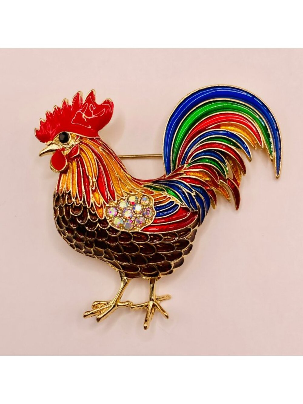 Colorful Rooster Enamel Pin Brooch Rhinestone Accents -117B